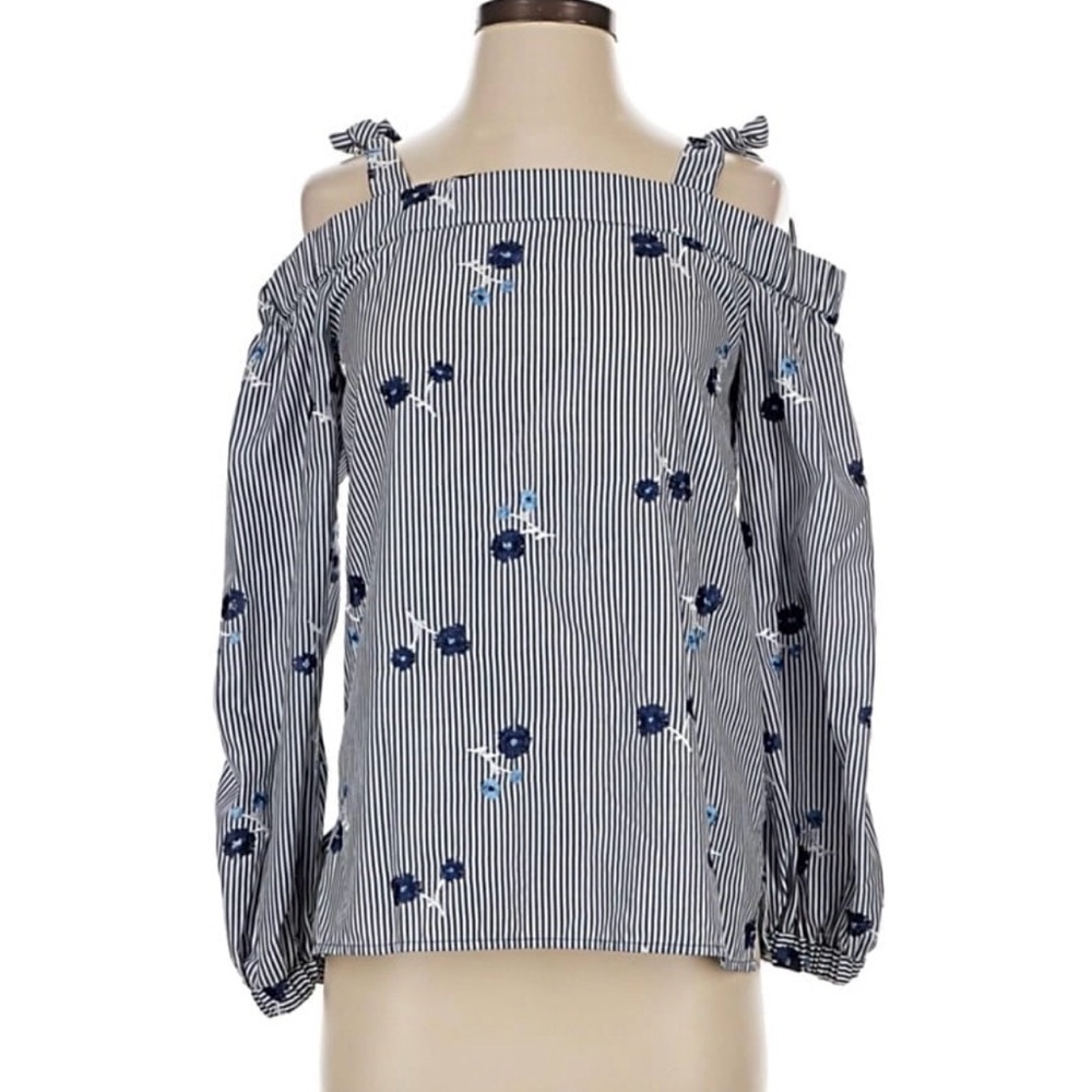 Michael Kors Navy and White Striped Cold-Shoulder Blouse with Floral Print